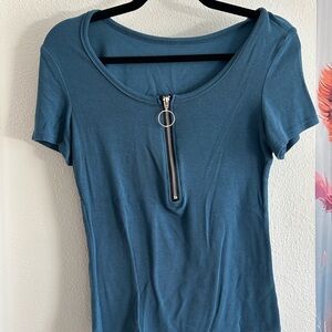 SHEIN Teal Short-Sleeve Zip Front Scoop Neck Top